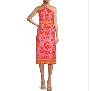 Antonio Melani Naomi Floral Printed Linen Halter Sleeveless A-Line Midi Dress